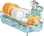 SNTD Dish Drying Rack, Expandable Dish Rack for Kitchen Counter, Stainless Steel Dish Drainer with Drainboard Set and Utensil Holder (Blue)