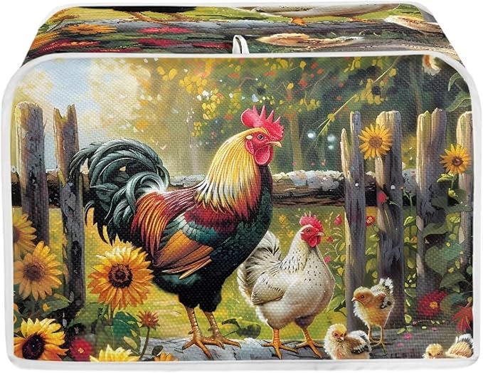 JEOCODY Sunflower Rooster Toaster Oven Covers for Kitchen Polyester Fabric Quilted Toaster Appliance Dust-proof Cover for Small Appliance Dust Cover and Fingerprint Protection Stain Resistant Bag