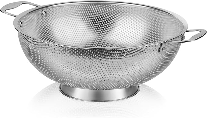 Tiawudi Large 6-Qt Colander, 18/8 Stainless Steel Mesh Strainer for Kitchen, Food Sieve with Riveted Handles and Self-draining Solid Ring Base, Great for Pasta, Rice, Vegetables and Fruits