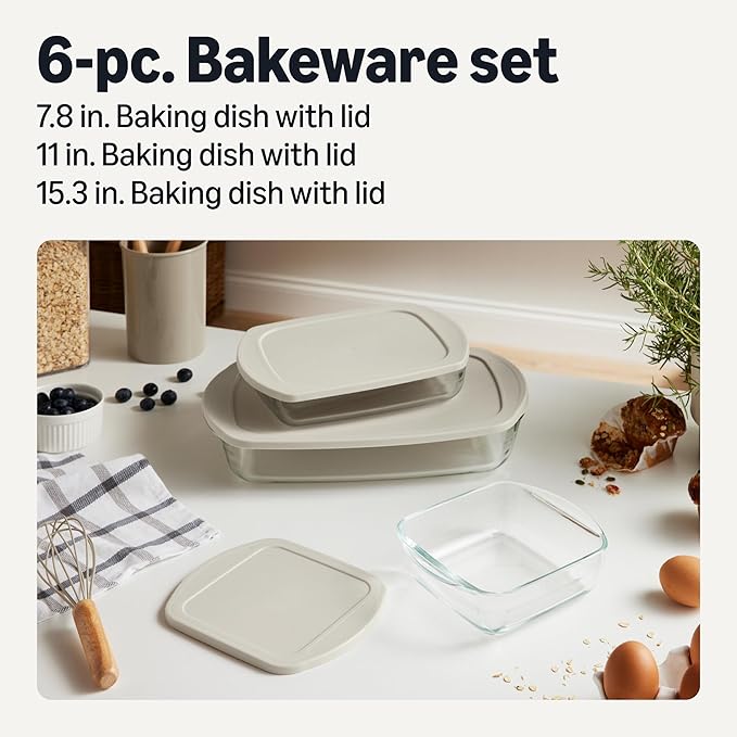 Amazon Basics Glass Baking Dishes with BPA-Free Lids, 6-Piece Set, Borosilicate Glass, Dishwasher and Oven-Safe, Linen Gray