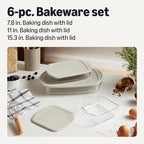 Amazon Basics Glass Baking Dishes with BPA-Free Lids, 6-Piece Set, Borosilicate Glass, Dishwasher and Oven-Safe, Linen Gray