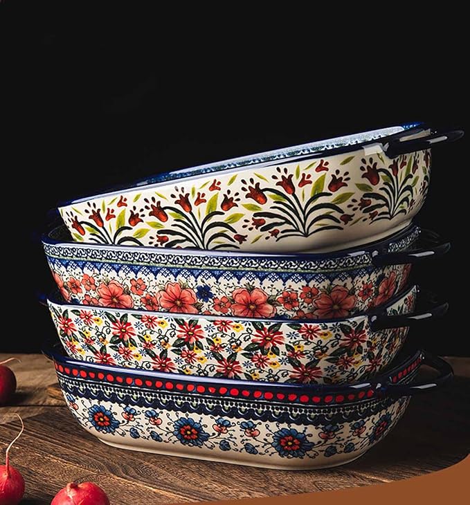 Red Daisy Flower Vintage Style Ceramic Bakeware Casserole Dish Baking Pan Lasagna Pans Baking Dish with Handles for Oven/Cooking/Kitchen-1 PCS, 60 OZ