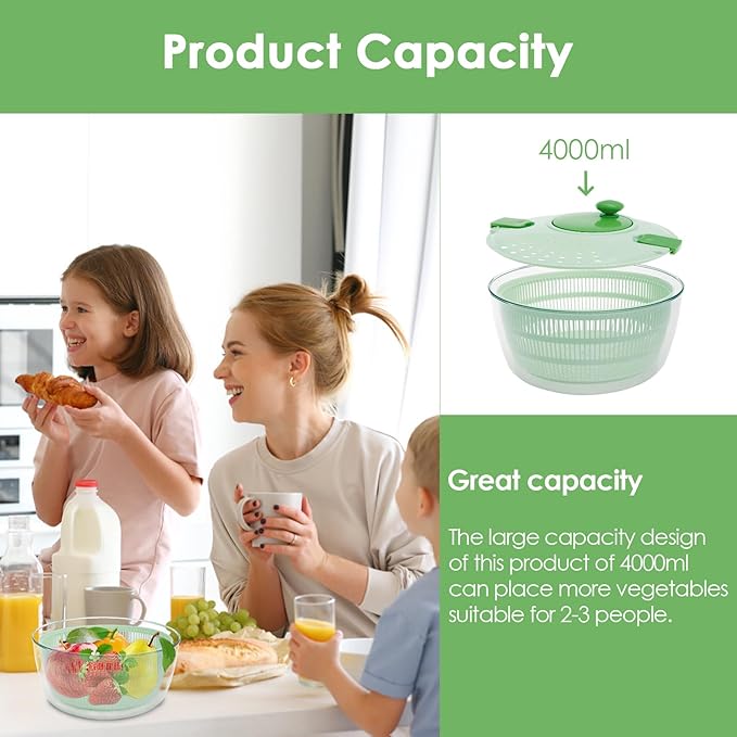 PP Salad Spinner, Multi-Use Basket, 4.22 QT Large Capacity Salad Washer Labor Saving Lettuce Spinner Multiple Water Outlet Lettuce Drainer for Household(Green)