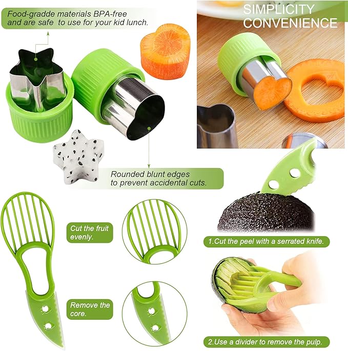 18pcs Melon Baller Scoop Set, FODIENS 4 In 1 Stainless Steel Fruit Slicer Peeler Set, Avocado Slicer Orange Peeler Fruits Vegetables Carving Tools Set with Mini Fruit Cookie Cutters Set