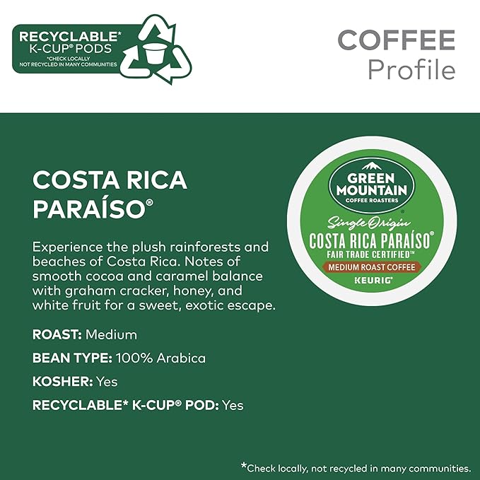 Green Mountain Coffee Roasters Costa Rica Paraiso, Keurig Single Serve K-Cup Pods, Medium Roast Coffee, 60 Count, (6 Packs of 10)