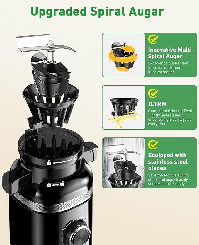 Cold Press Juicer Machines for Whole Vegetables & Fruits, Slow Masticating Juicer Maker with Wide Feed Chute, High Juice Yield, Easy to Clean, Black