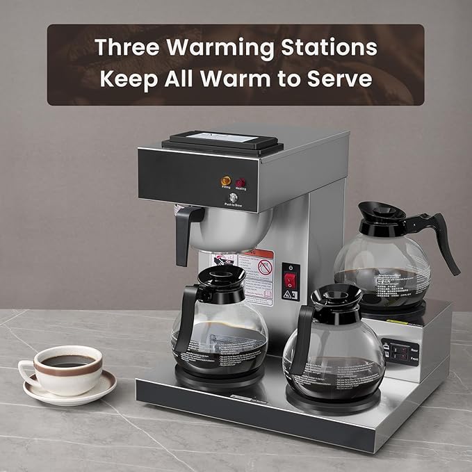 SYBO 12-Cup Commercial Coffee Maker, Pour Over Drip Coffee Maker Brewer with 3 Lower Warmers and 3 Glass Decanters, Stainless Steel Cafetera