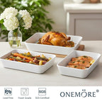 ONEMORE Baking Dishes for Oven, 9x13 Large Casserole Dishes for Oven with Roasting Racks, Rectangular Ceramic Baking Dish Set of 3 for Cooking & Serving, Deep Dish Lasagna Pan (3QT/2.1QT/1.3QT)