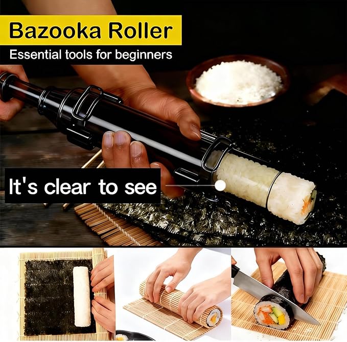 Sushi Making Kit – Clear Sushi Bazooka Roller & Bamboo Sushi Rolling Mat, Easy DIY Sushi Maker Tool Set for Beginners, Homemade Sushi Rolls for Kitchen & Party (Clear Black)