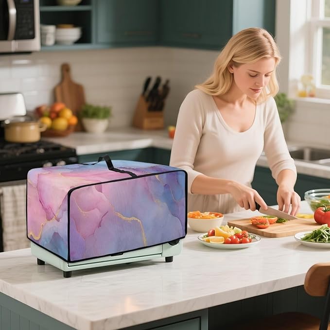 Marble Print Toaster Oven Cover, Heavy Duty Heat-Resistant Air Fryer Cover for Kitchen Counter, Small Appliances Dust Slipcovers, Blue Pink Gold, (Medium-16.1*19.71*10 inches)