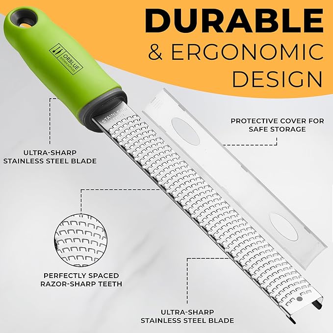 Orblue Lemon Zester & Cheese Grater - Premium Citrus Zester, Kitchen Grater for Parmesan, Chocolate, Fruits, Vegetables, Ginger, Garlic, Nutmeg - Stainless Steel Blades with Protective Cover, Green