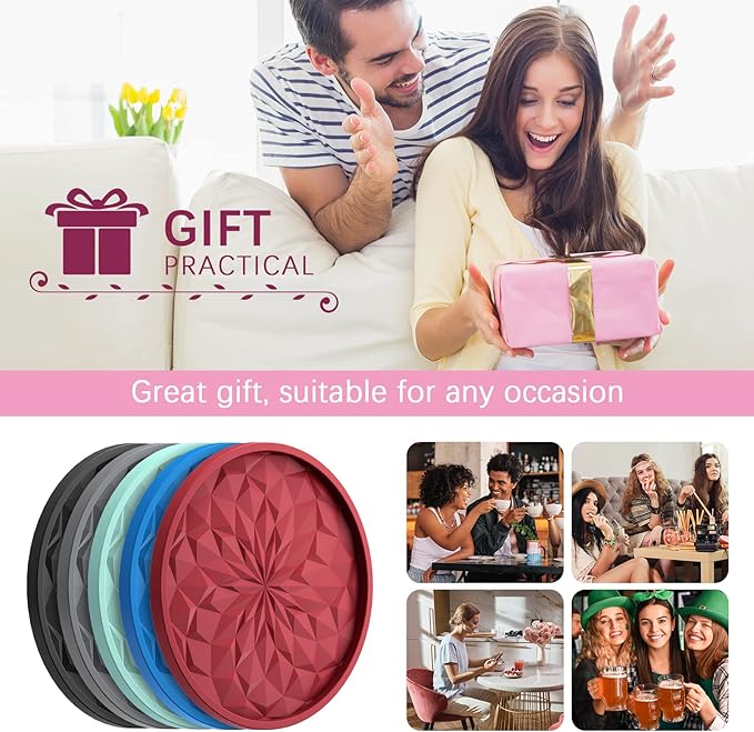 ME.FAN Silicone Coasters with Holder,[6 Pack] Drinking Coasters - Cup Mat for Hot or Cold Drinks, Thickened, Non-Slip, Non-stick,Deep Tray Dusty Rose