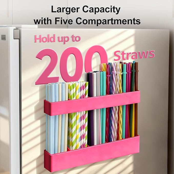 9.5” Large Acrylic Straw Holder for Cabinet Door, Reusable Adjustable Two-Part Straws Organizer with Ultra Sticky Adhesive Strips, 2026 Straw Storage for Kitchen Cupboard (Hot Pink)