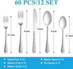 60 Pcs Hammered Silverware Set Service for 12,Stainless Steel Flatware Set,Mirror Polished Cutlery Utensil Set,Durable Home Kitchen Eating Tableware Set,Include Fork Knife Spoon Set,Dishwasher Safe