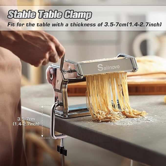 Sailnovo 3 in 1 Pasta Maker Machine - 9 Adjustable Thickness Settings Aluminum Alloy Pasta Roller & 2 Width Cutters for Fresh Spaghetti, Fettuccini, Lasagna, Dumplings - Stainless Steel, Silver