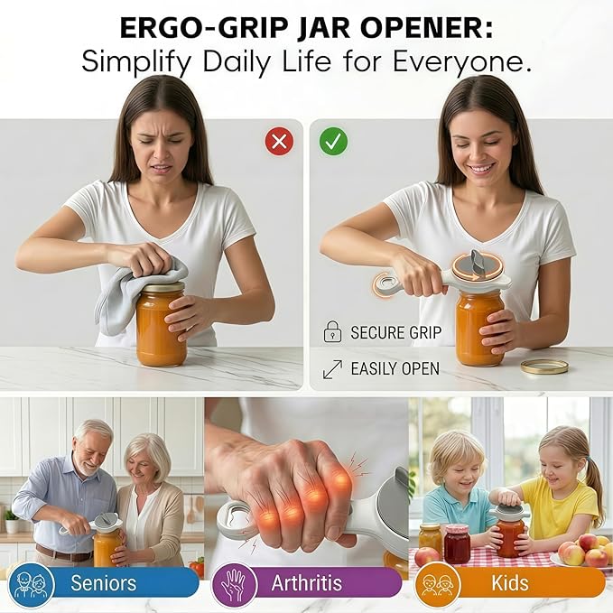 4-in-1 Adjustable Jar Opener for Weak Hands & Seniors — Ergonomic Non-Slip Handle, Multi-Size Lid Remover for Mason Jars, Bottles & Cans (Grey)