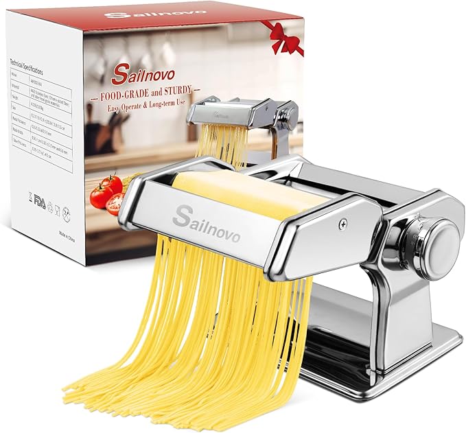 Sailnovo 3 in 1 Pasta Maker Machine - 9 Adjustable Thickness Settings Aluminum Alloy Pasta Roller & 2 Width Cutters for Fresh Spaghetti, Fettuccini, Lasagna, Dumplings - Stainless Steel, Silver