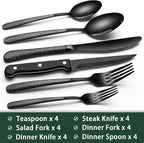 EWFEN 24-Piece Black Silverware Set with Steak Knives, Black Flatware Set for 4, Food-Grade Stainless Steel Tableware Cutlery Set, Mirror Finished Utensil Sets for Home Restaurant, Round Hammered