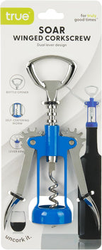 True Soar Winged Corkscrew Wine Opener, Multi-Purpose Bottle Opener for Beer and Soda, Stainless Steel with Chrome Finish, Easy to Remove Cork for Bartenders, Home Bar, Kitchen, Set of 1, Blue