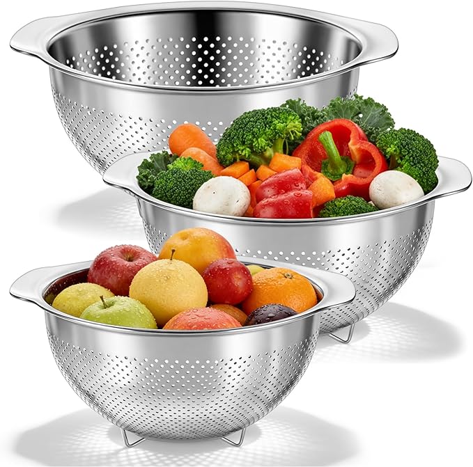 3 Pcs Stainless Steel Colander Strainer Set, Stainless Steel Strainer, Kitchen Gadget Food-Strainer Basket with Handle, Strainers and Colanders, Pasta-Strainer for Vegetable Cooking(2QT, 3QT, 5QT)