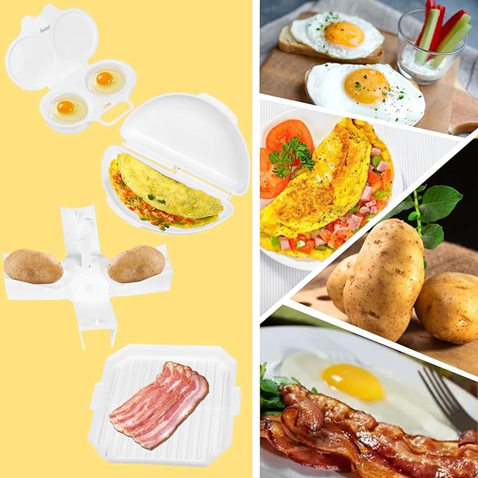 (4pcs) Easy Breakfast Set, Microwave Egg Cooker/Poacher, Microwave Omelet Maker, Microwavable Bacon Grill/Rack/Cooker Tray/Dish, Baked Potato Cooker, Easy To Use and Non-Stick Egg Cookwarez