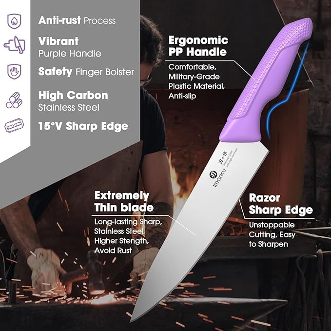 imarku® Kitchen Knife Set, Sharp Knives Set with Built-in Sharpener, Stainless Steel Block Knife Set and Non-Slip Ergonomic Handle, Dishwasher Safe, 14 PCS Professional Knife Set for Gift, Lavender