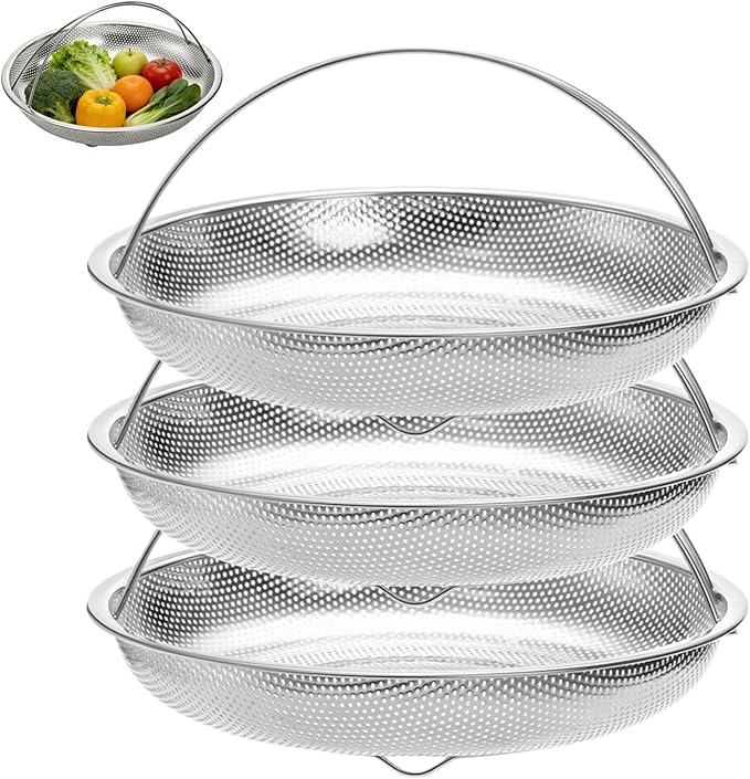 Cididu 3 Pack Steamer Basket for Cooking, Micro-Perforated Strainer Colander Set, Stainless Steel Vegetable Veggie Steamer Rack for Pot, All-In-One Steaming Rack Stand with Handles, Dishwasher Safe