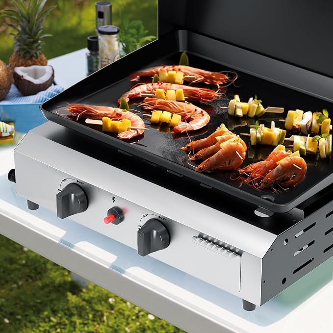 2 Burner BBQ Gas Griddle with Hood, 17.3 Inch Stainless Steel Portable Detachable Propane Griddle, 30,000 BTU Flat Top Barbecue Grill with Lid for Camping