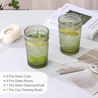 ZMOWIPDL Vintage Glassware Drinking Glasses Set of 6,13 oz Green Textured Flower Design Glass Water Tumblers，Embossed Striped Drinkware for Water,Cocktails,Juice,Iced Coffee