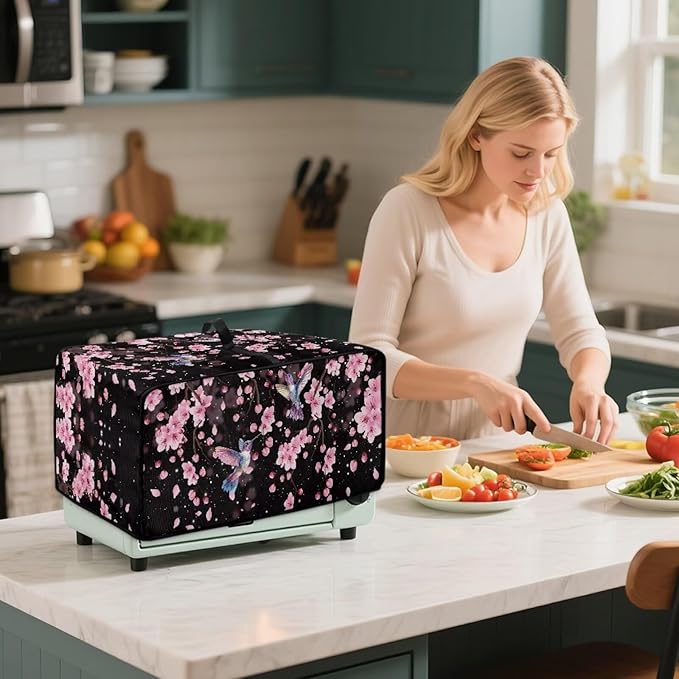 Hummingbird Cherry Blossom Print Toaster Oven Cover, Heat-Resistant Toaster Cover Dust-Proof Microwave Oven Protector, Protections for Kitchen, Black, (Large-18.5*22.5*12.99 inches)