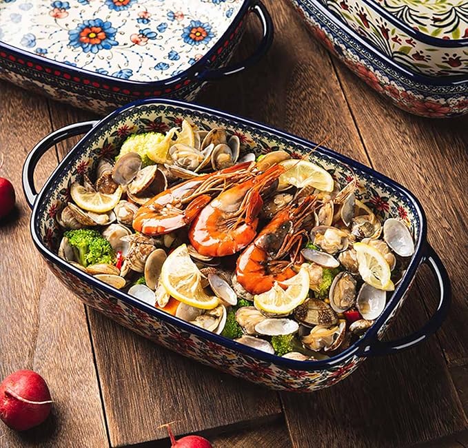 Red Daisy Flower Vintage Style Ceramic Bakeware Casserole Dish Baking Pan Lasagna Pans Baking Dish with Handles for Oven/Cooking/Kitchen-1 PCS, 60 OZ