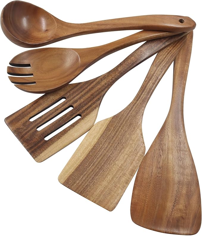 5 Pcs Natural Teak Wood Spatulas, Nonstick Wooden Spoons Premium Cooking Utensils, Heat Resistant Kitchen Utensil Set for Nonstick Cookware/Cooking Gifts