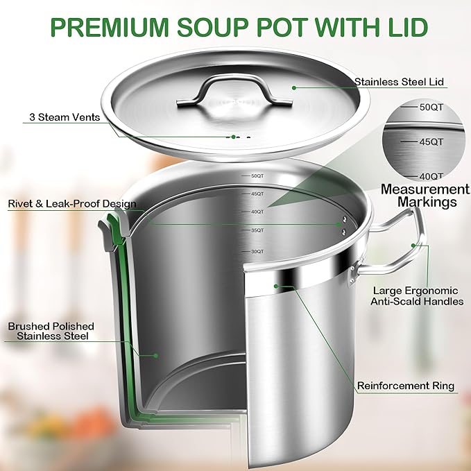 STOCKPOT Commercial Grade Large Stock Pot - Soup Pot with Lid - Non-Nickel Stainless Steel - Healthy Cookware Polished Stockpots - Heavy Duty - 50 Quart (12.5Gallon)