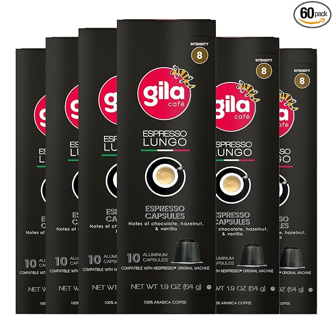 GILA Café Espresso Lungo Aluminum Coffee Capsules – Medium Roast Coffee Pods Compatible with Nespresso Original Machines – 100% Mexican Arabica with Hazelnut & Vanilla Notes, 60 Count