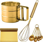 Gold Flour Sifter Baking Tool Set, findTop Stainless Steel 4-Piece Kit with 10" Whisk, Dough Scraper & 5 Measuring Spoons, Mirror Polished, Easy to Clean, for Cake Bread Cookie Prep