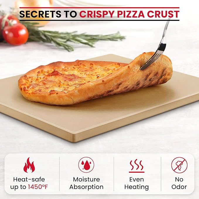 Unicook Pizza Stone for Oven and Grill, Rectangular Baking Pan 15 Inch x 12 Inch, Cordierite Large Cooking Oven Stone with Plastic Dough Scraper, Thermal Shock Resistant Pizza Pan