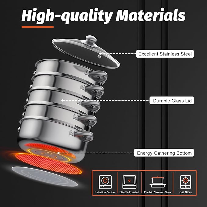 5-Tier Stainless Steel Steamer, 11.81 Inch Commercial Multi Tier Stainless Steel Cookware Pot Vegetable Meat Steamer Cooker Set w/Glass Lid for Steaming Shrimp & Miscellaneous Grains