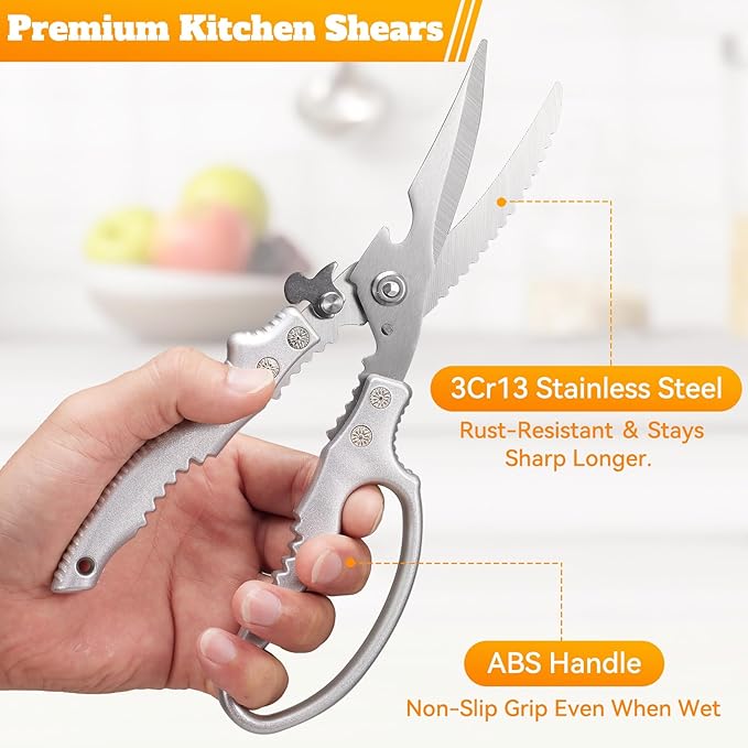 Heavy Duty Kitchen Scissors, Poultry Shears for Meat, Chicken, Bone, Turkey, Fish. Multi-Purpose Kitchen Shears With Anti-Slip Handle, Spring Loaded, Dishwasher Safe