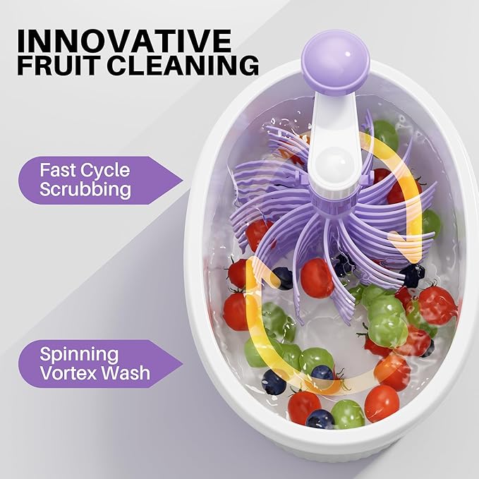 JOYMOOP Fruit Washer Spinner, Fruit Cleaner Spinner with Crank Handle, Hands-Free Fruit & Vegetable Washing Bowl, Manual Fruit Scrubber, No Electricity, Light Lavender