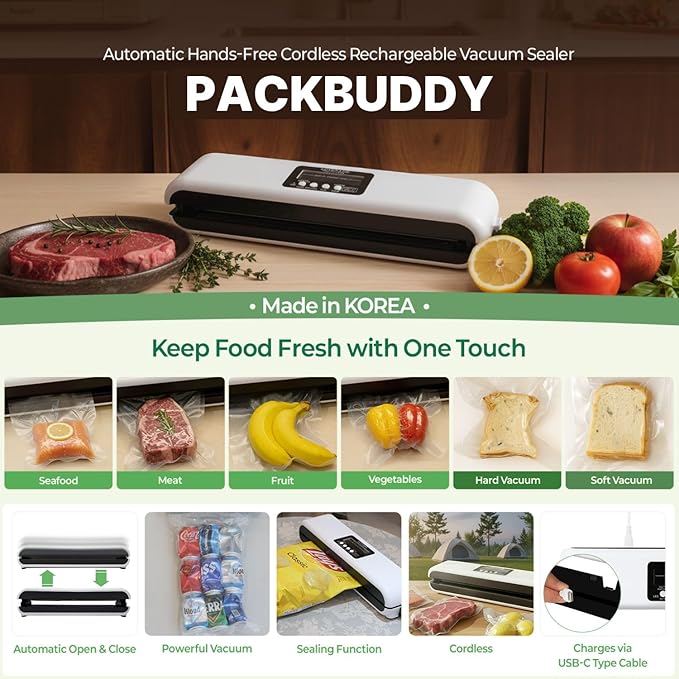 85Kpa Easy-Close Vacuum Sealing Machine Cordless Powerful Suction with 20 Pre-Cut Pouchses, Fully Automatic with No Lid Pressing Required - Compact Food Preservation for Home Use