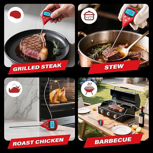 AWLKIM Rechargeable Digital Meat Thermometer with 3.3ft External Probe, Warning Alert, Instant Read Food Thermometer for Cooking Baking Water BBQ Oil Fry, Waterproof IP67, Hold Function, Oven Safe