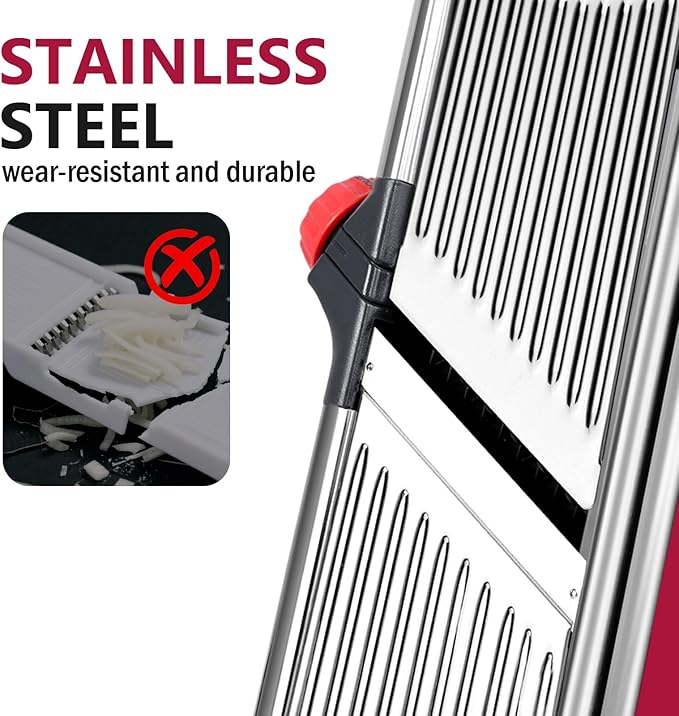 Masthome Adjustable Mandoline Food Slicer, Mandoline Slicer for Kitchen, Stainless Steel Mandolin, Fruit and Vegetable Cutter with Cut-Resistant Gloves and Cleaning Brush-Red