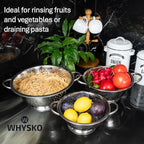 Whysko 3 Pack Stainless Steel Colanders with Handles - 5 Qt, 3 Qt, 1 Qt - Durable Colander for Kitchen Strainers and Colanders Set - Ideal Metal Colander for Pasta, Vegetables, Food Prep