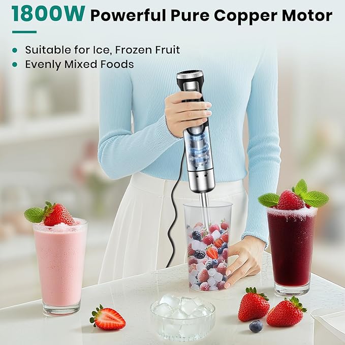 1800W Immersion Blender Handheld 4-in-1 Hand Blender Stick for Ice Crushing Smoothie, Baby Food, Soup, 8 Speed Hand Mixer Turbo Boost Stainless Steel Blade with Whisk, Chopper, Beaker