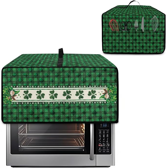 Shamrock Gnome Dog Print Toaster Oven Cover for St. Patrick's Day Decor, Checkered Pattern Microwave Cover for Kitchen Countertop Appliance Dust Protector Oven Accessories, Green, L
