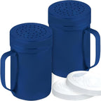 CUSINIUM 14oz Navy Blue Stainless Steel Salt Pepper Dredge Shakers - With Plastic Cap - With Handle - Pack of 2
