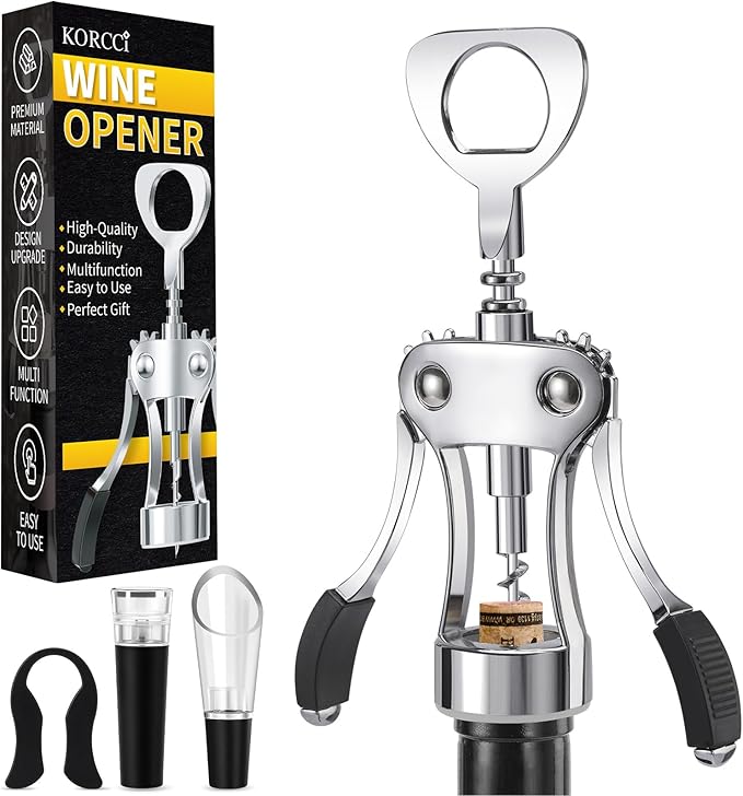 KORCCI Multifunctional Wine Bottle Opener Gift Set - Heavy-Duty Zinc Alloy Wing Corkscrew, Foil Cutter, Vacuum Stopper & Aerator Pourer for Kitchen, Bar, Restaurant, Bartenders