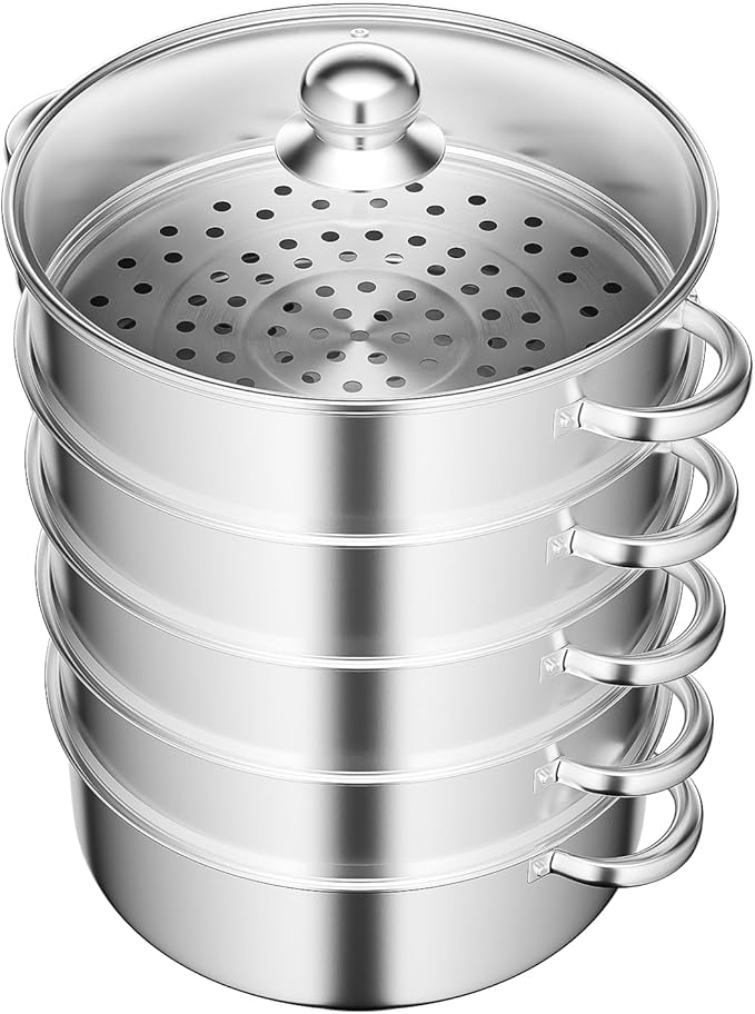 5-Tier Stainless Steel Steamer, 11 Inch Commercial Multi Tier Stainless Steel Cookware Pot Vegetable Meat Steamer Cooker Set w/Glass Lid for Steaming Shrimp & Miscellaneous Grains