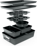 NutriChef 8-Piece Nonstick Stackable Bakeware Set - PFOA, PFOS, PTFE Free Baking Pans Set w/Non-Stick Coating, 450°F Oven Safe, Round Cake, Loaf, Muffin, Wide/Square Pans, Cookie Sheet (Gray)