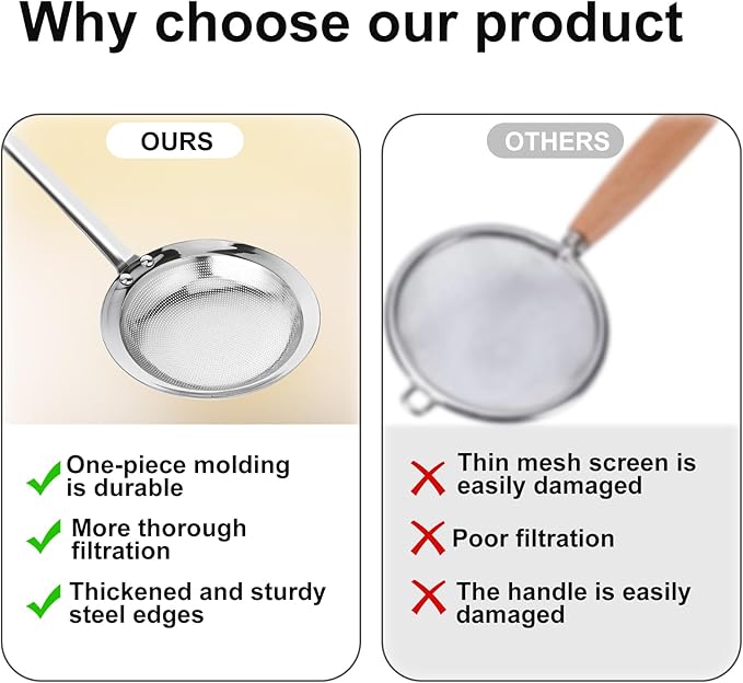 Fine Mesh Stainless Steel Sieve Colander(2 Pack, Large+Small), Mesh Strainer for Cooking Oil, Skimmer Spoon Filte Grease Foam, Food Strainer Kitchen Gadgets